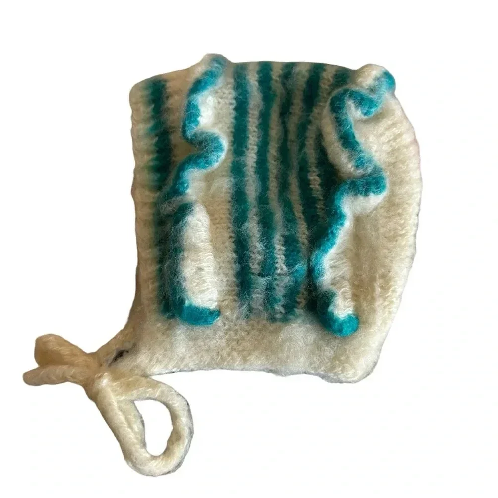 Handmade baby girls knit by bonnet, cream and turquoise